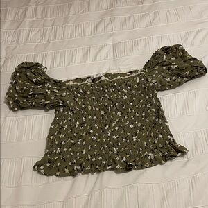 Zara Green Floral Puff Sleeve Blouse